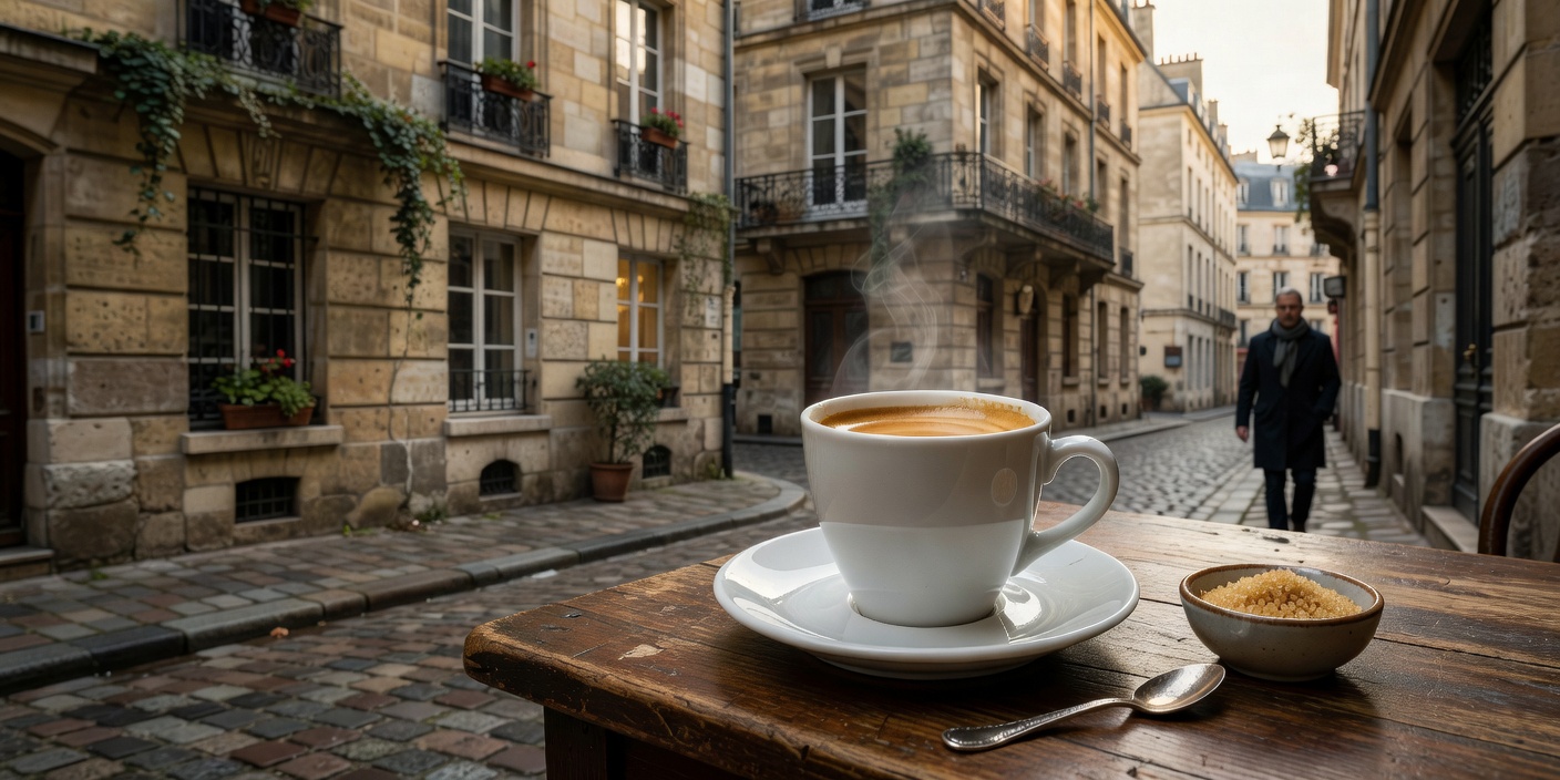Artisan specialty espresso served with fine porcelain cup in Paris Marais district