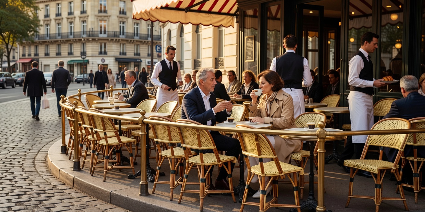 Classic Parisian café terrace with rattan chairs and brass railings on Boulevard Saint-Germain