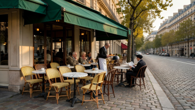 Historic Parisian café terrace with bistro marble tables and wicker chairs on Boulevard Saint-Germain